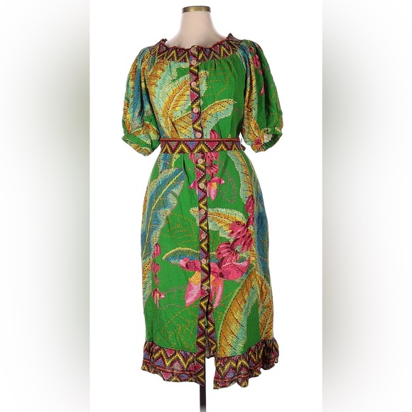 Farm Rio banana leaves off shoulder linen midi dress pockets belted - Picture 2 of 6